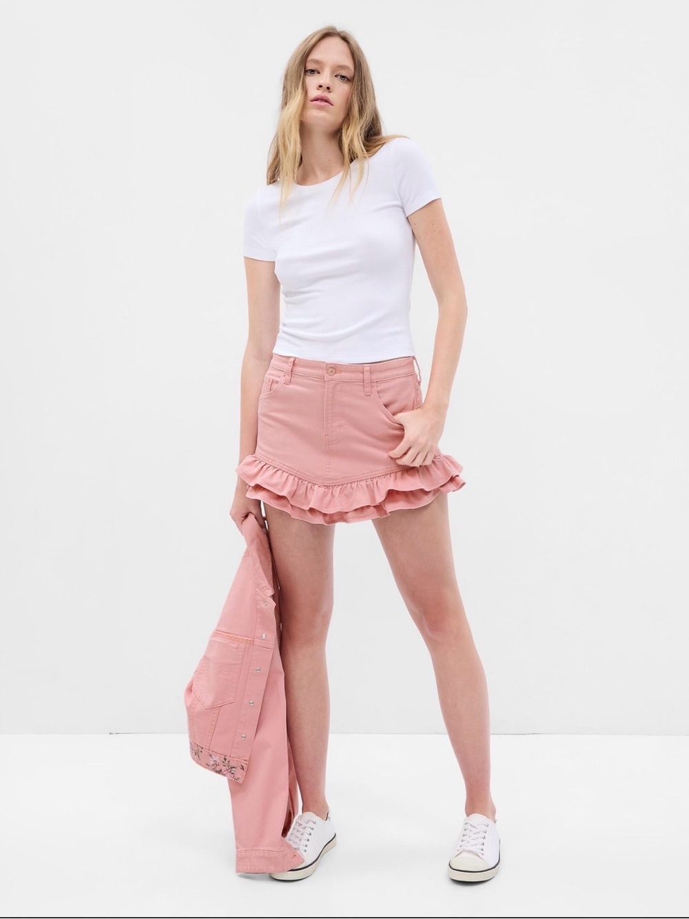 Gap x LoveShackFancy Pink Denim Ruffle Mini Skirt